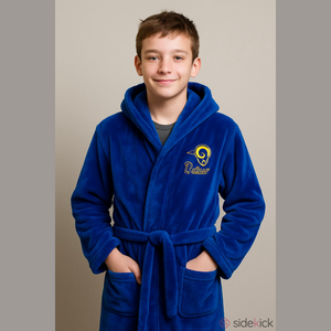 Blue RAMS Hooded Bathrobe, Size Youth, PTP 20”, Length 32”,  plush, (T4)